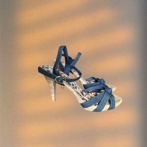 Fossil Denim Blue Strappy High Heels with Woven Platform